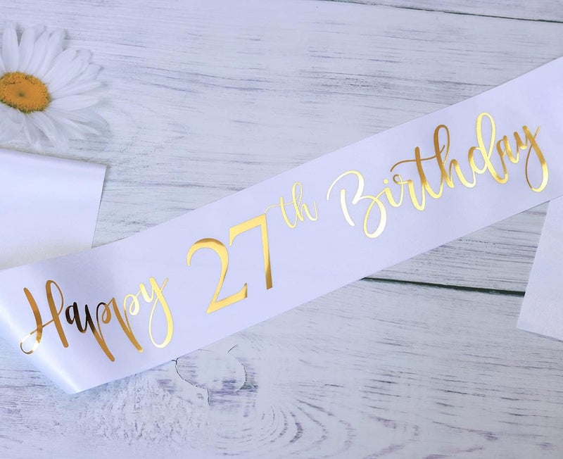 Docooniver Happy 27th Birthday Sash for Women,Men,Girls and Boys,It's my 27th Birthday Sash White with Gold Foil Lettering. - Image 2